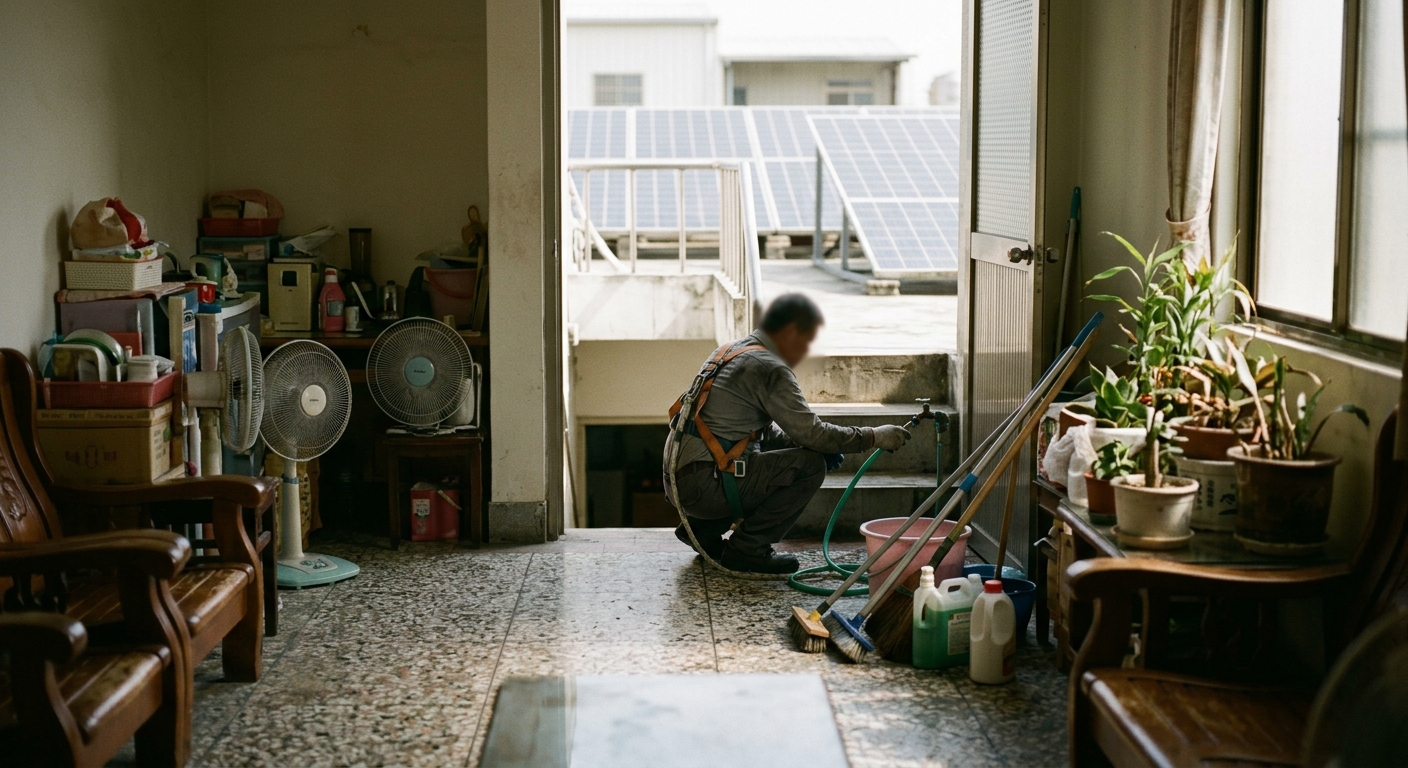 大寮區太陽能板清洗施工前檢查：廠房屋頂電氣設備與人員動線規劃