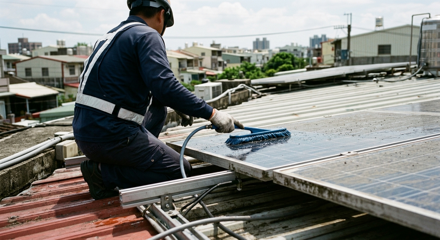 仁武區太陽能板清洗案例：廠房屋頂粉塵厚積導致清洗後發電回升