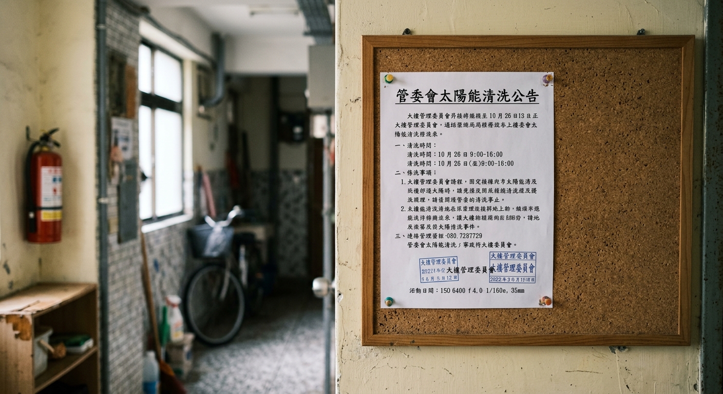 仁武區大樓管委會施工通報：洗太陽能板前三天必須張貼的工安與停水公告